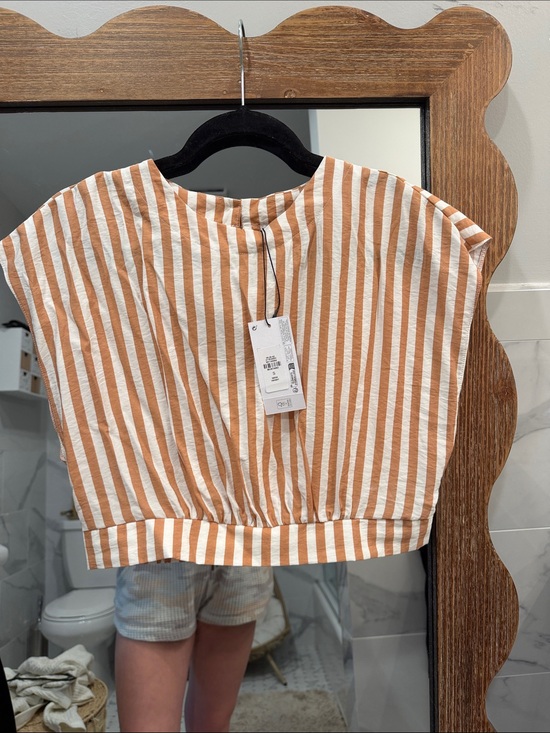 Primark Tops - Primark White and Tan Striped Cotton Crop Top